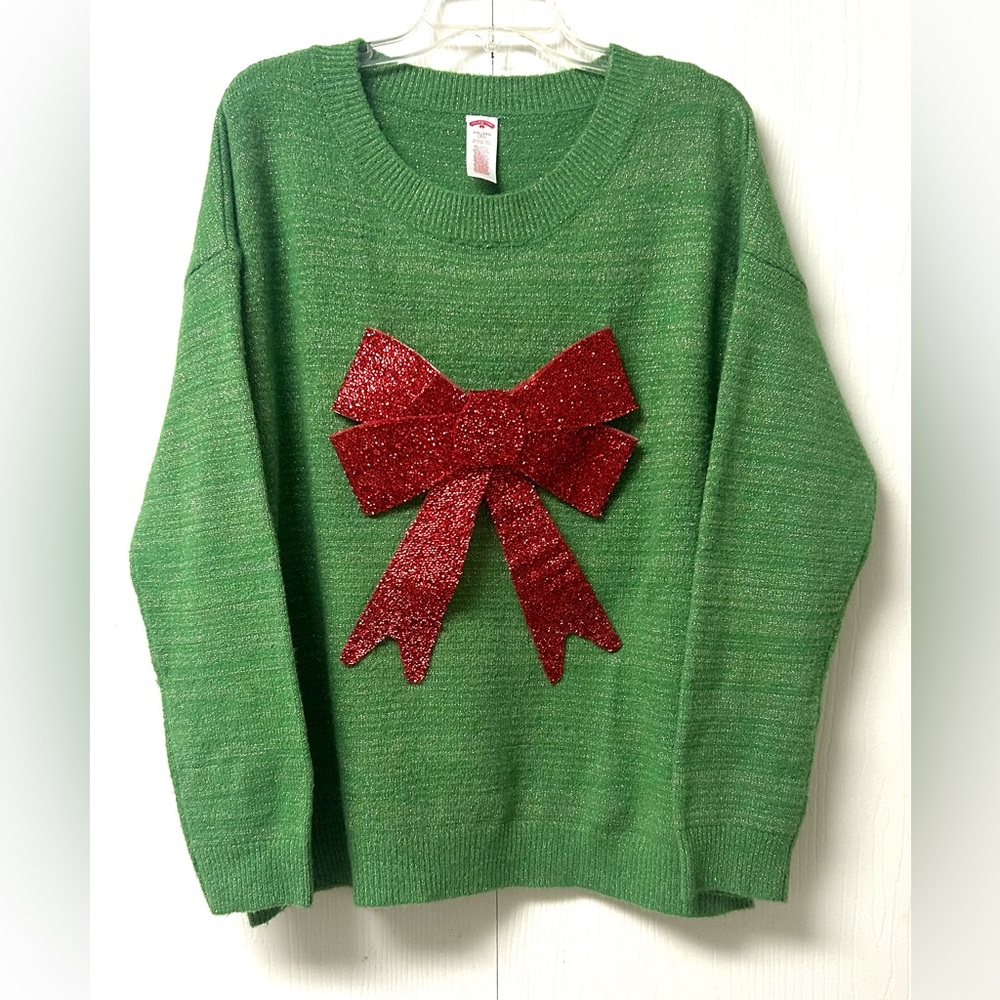 Christmas Sweater Green with Red Glitter Bow Size XXL